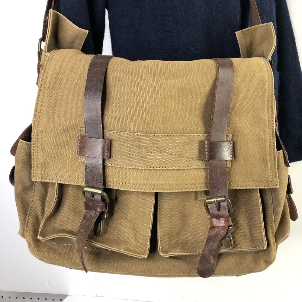 Rustic Town Men Brown Military Leather Canvas Messenger Bag L Shoulder Crossbody